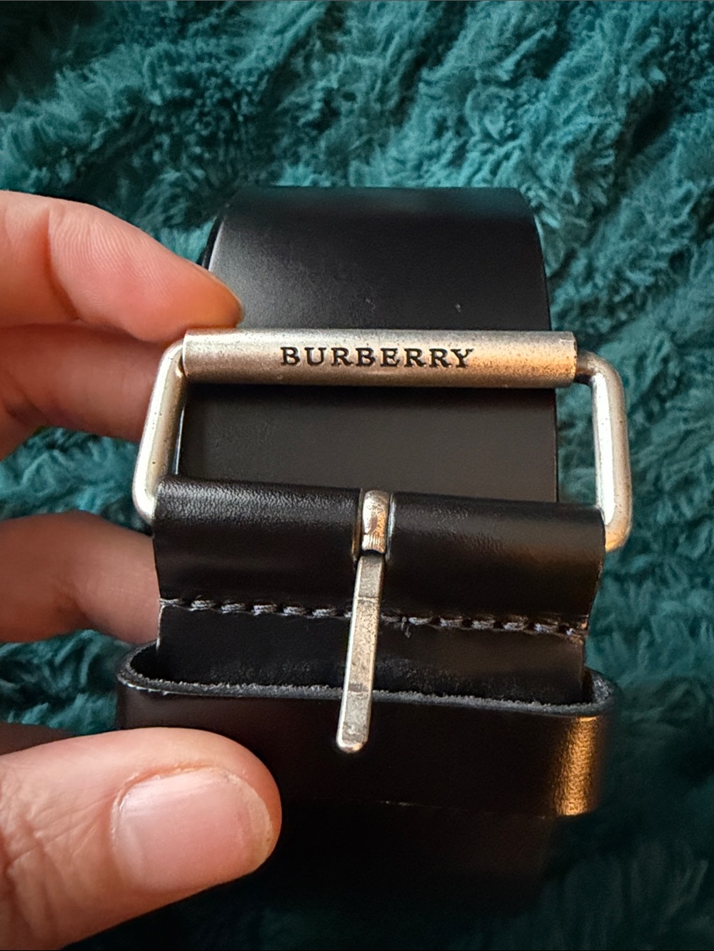 VINTAGE Burberry Black Leather Men's Belt with Silver Branded Buckle 38-40â